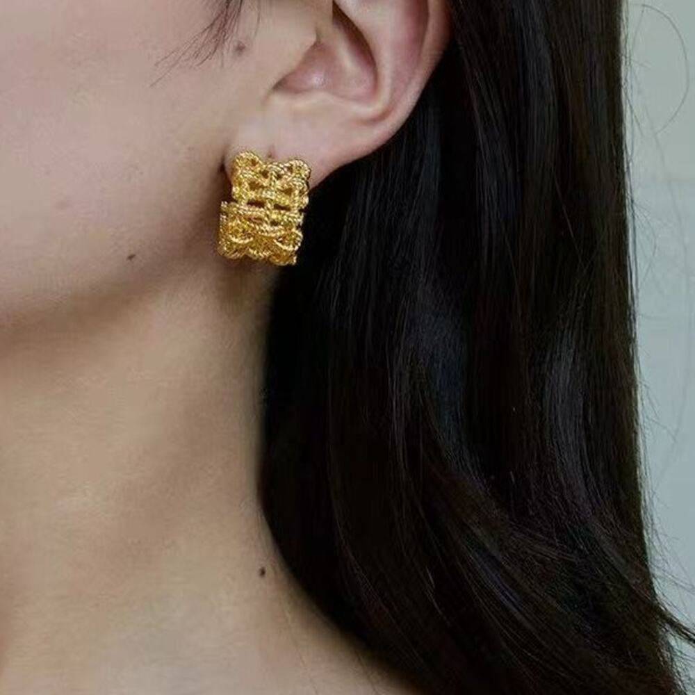 Vintage Textured Gold Woven C-Hoop Statement Earrings